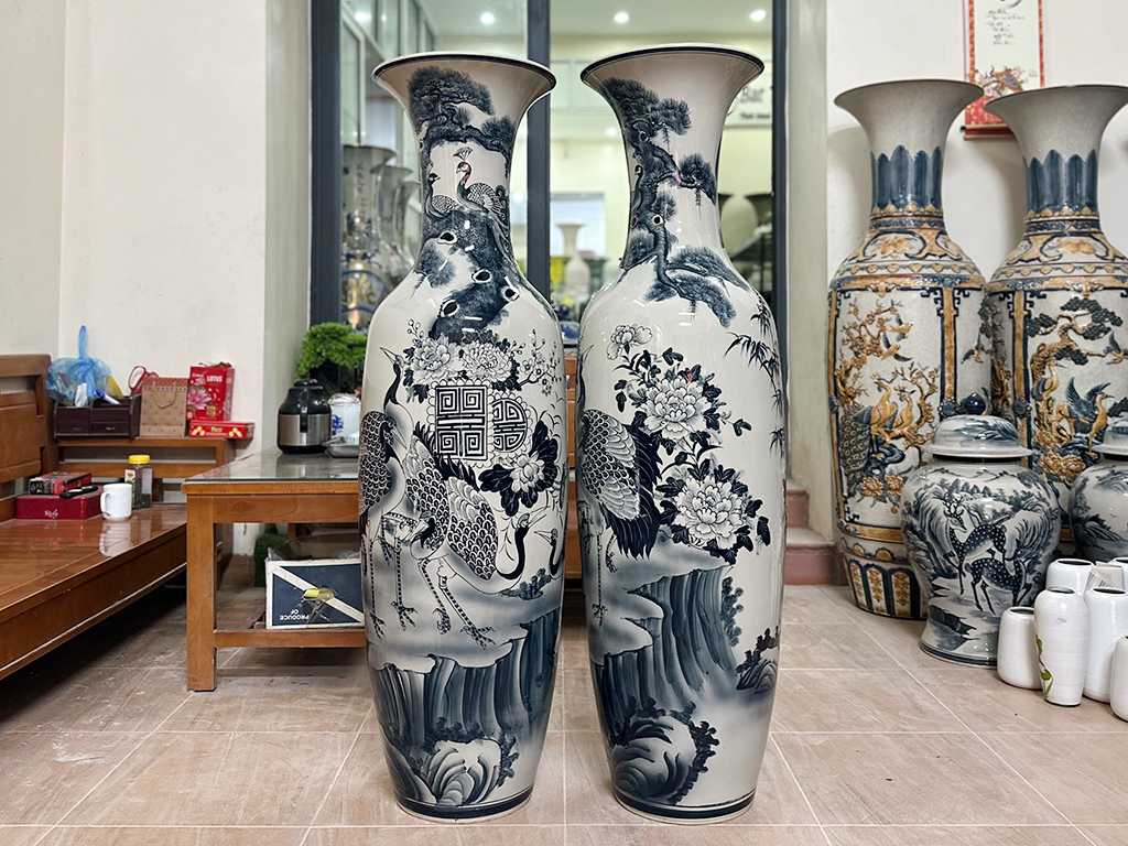 Lọ lộc bình Bát Tràng men chàm Ngũ Phúc vẽ kỹ 1m4 2